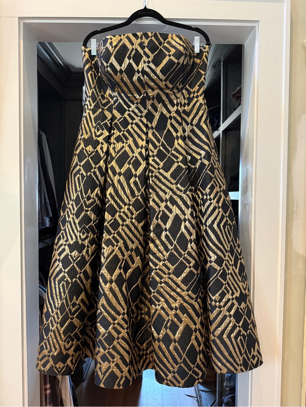 Donna Karan New York Strapless Black & Gold Patterned Fit-and-Flare Dress